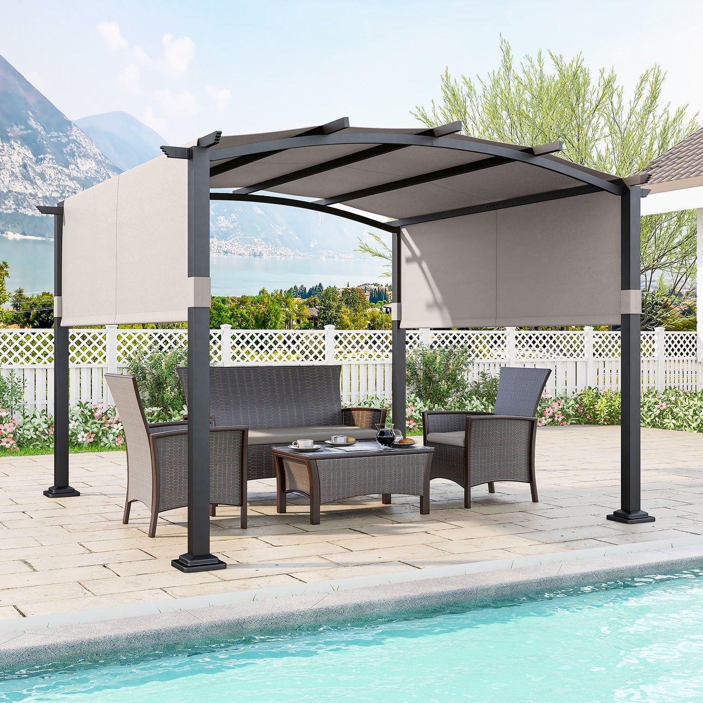 10 x 10 ft Outdoor Pergola Modern Arched Patio Garden Shelter with Retractable Sunshade Canopy