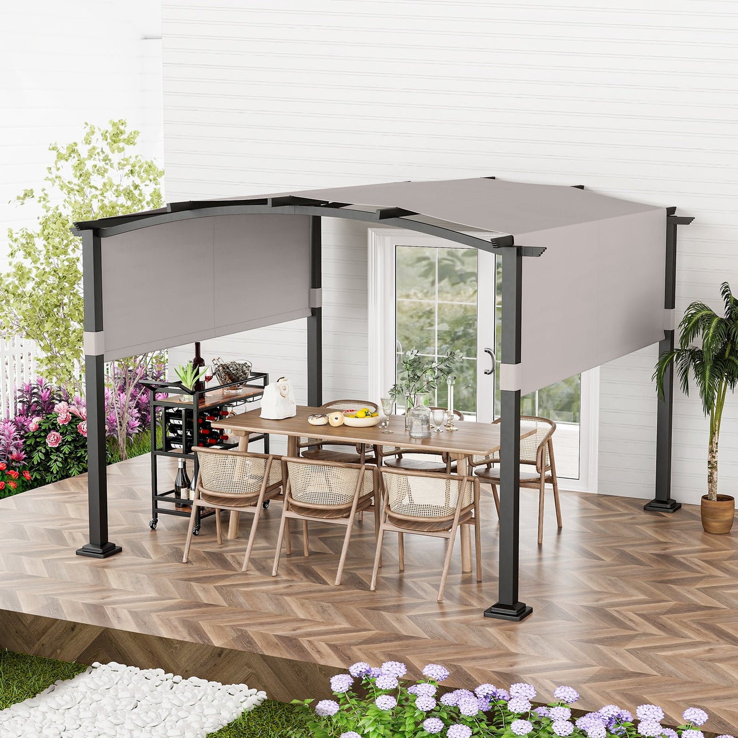 10 x 10 ft Outdoor Pergola Modern Arched Patio Garden Shelter with Retractable Sunshade Canopy