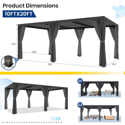 [10X20FT] Premium Louvered Pergolas With Curtains And Netting