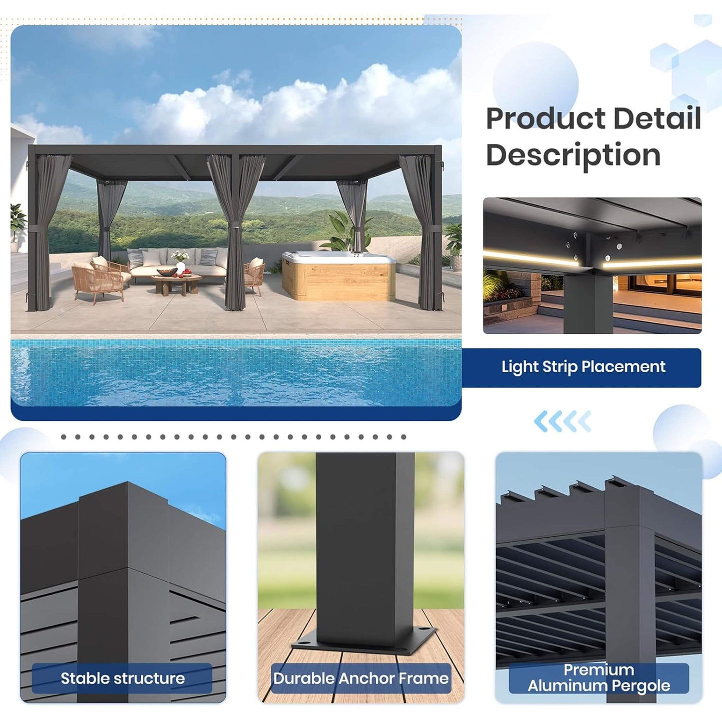 [10X20FT] Premium Louvered Pergolas With Curtains And Netting
