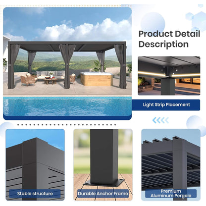[10X20FT] Premium Louvered Pergolas With Curtains And Netting