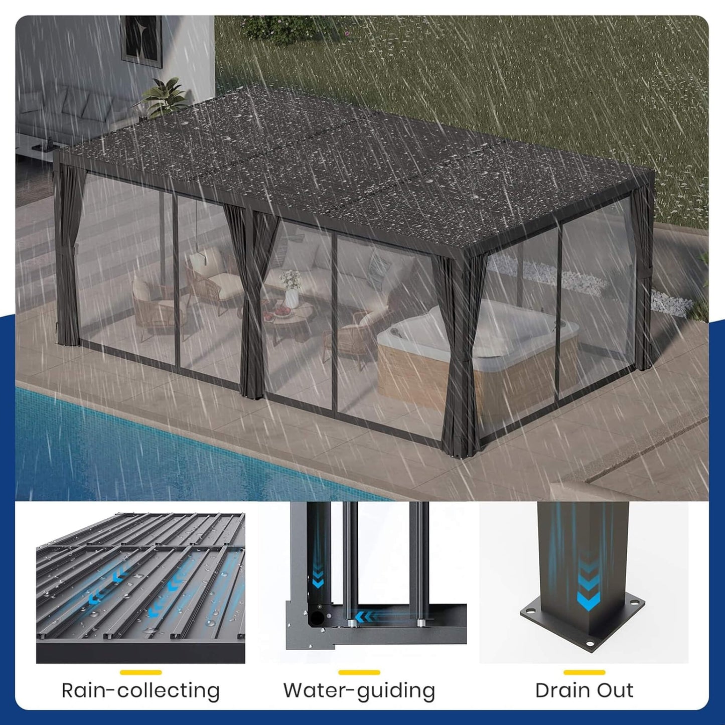 [10X20FT] Premium Louvered Pergolas With Curtains And Netting