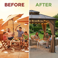 12'X10' Hardtop Gazebo, Aluminum Permanent Pavilion with Polycarbonate Double Roof, Removable Curtains & Mosquito Netting for Patio, Garden, Lawn, Upgrade Your Outdoors (Brown, 12'X10') — Before & After