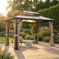 12'X10' Hardtop Gazebo, Aluminum Permanent Pavilion with Polycarbonate Double Roof, Removable Curtains & Mosquito Netting for Patio, Garden, Lawn, Upgrade Your Outdoors (Brown, 12'X10') — Studio Shot