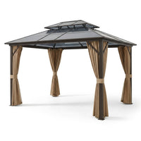 12'X10' Hardtop Gazebo, Aluminum Permanent Pavilion with Polycarbonate Double Roof, Removable Curtains & Mosquito Netting for Patio, Garden, Lawn, Upgrade Your Outdoors (Brown, 12'X10') — Studio Shot