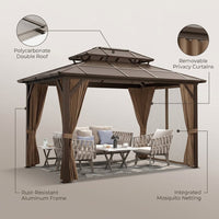 12'X10' Hardtop Gazebo, Aluminum Permanent Pavilion with Polycarbonate Double Roof, Removable Curtains & Mosquito Netting for Patio, Garden, Lawn, Upgrade Your Outdoors (Brown, 12'X10') — infographic
