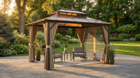 12'X10' Hardtop Gazebo, Aluminum Permanent Pavilion with Polycarbonate Double Roof, Removable Curtains & Mosquito Netting for Patio, Garden, Lawn, Upgrade Your Outdoors (Brown, 12'X10') — Lifestyle