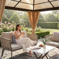 12'X10' Hardtop Gazebo, Aluminum Permanent Pavilion with Polycarbonate Double Roof, Removable Curtains & Mosquito Netting for Patio, Garden, Lawn, Upgrade Your Outdoors (Brown, 12'X10') — Lifestyle