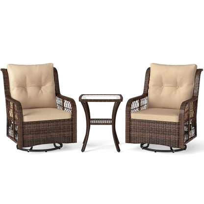 3 Pieces Patio Furniture Set PE Wicker Swivel Glider Chairs with 2-Tier Side Table and Cushions