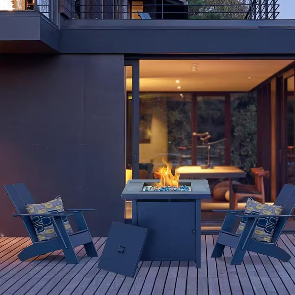 28 In. Outdoor Propane Fire Pit Slat Tabletop with Glass Stone