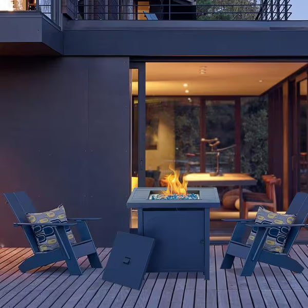 28 In. Outdoor Propane Fire Pit Slat Tabletop with Glass Stone