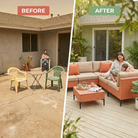 5 Piece Outdoor Patio Furniture Set Modular Outdoor Furniture Set Wicker Outdoor Sectional Sofa with Cushions and Table Patio Set for Balcony Porch Deck Yard ( (Salmon&Orange Wicker, Sand Cushion)) — Before & After