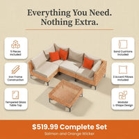 5 Piece Outdoor Patio Furniture Set Modular Outdoor Furniture Set Wicker Outdoor Sectional Sofa with Cushions and Table Patio Set for Balcony Porch Deck Yard ( (Salmon&Orange Wicker, Sand Cushion)) — Results & Stats