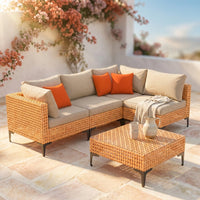 5 Piece Outdoor Patio Furniture Set Modular Outdoor Furniture Set Wicker Outdoor Sectional Sofa with Cushions and Table Patio Set for Balcony Porch Deck Yard ( (Salmon&Orange Wicker, Sand Cushion)) — Studio Shot