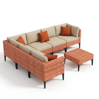 5 Piece Outdoor Patio Furniture Set Modular Outdoor Furniture Set Wicker Outdoor Sectional Sofa with Cushions and Table Patio Set for Balcony Porch Deck Yard ( (Salmon&Orange Wicker, Sand Cushion)) — Studio Shot