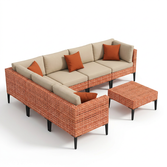 5 Piece Outdoor Patio Furniture Set Modular Outdoor Furniture Set Wicker Outdoor Sectional Sofa with Cushions and Table Patio Set for Balcony Porch Deck Yard ( (Salmon&Orange Wicker, Sand Cushion)) — Studio Shot