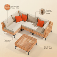 5 Piece Outdoor Patio Furniture Set Modular Outdoor Furniture Set Wicker Outdoor Sectional Sofa with Cushions and Table Patio Set for Balcony Porch Deck Yard ( (Salmon&Orange Wicker, Sand Cushion)) — infographic