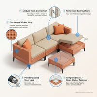 5 Piece Outdoor Patio Furniture Set Modular Outdoor Furniture Set Wicker Outdoor Sectional Sofa with Cushions and Table Patio Set for Balcony Porch Deck Yard ( (Salmon&Orange Wicker, Sand Cushion)) — How It Works