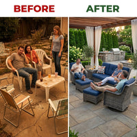 Outdoor Patio Conversation Set Designed for Modern Entertaining, 6-Piece, Steel Frames, High-Density Cushions — Before & After
