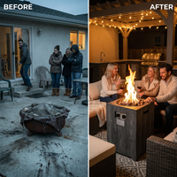 Outdoor Propane Fire Pit, 30000 BTU Column Propane Fire Pit, Wood-Look Surface — Before & After