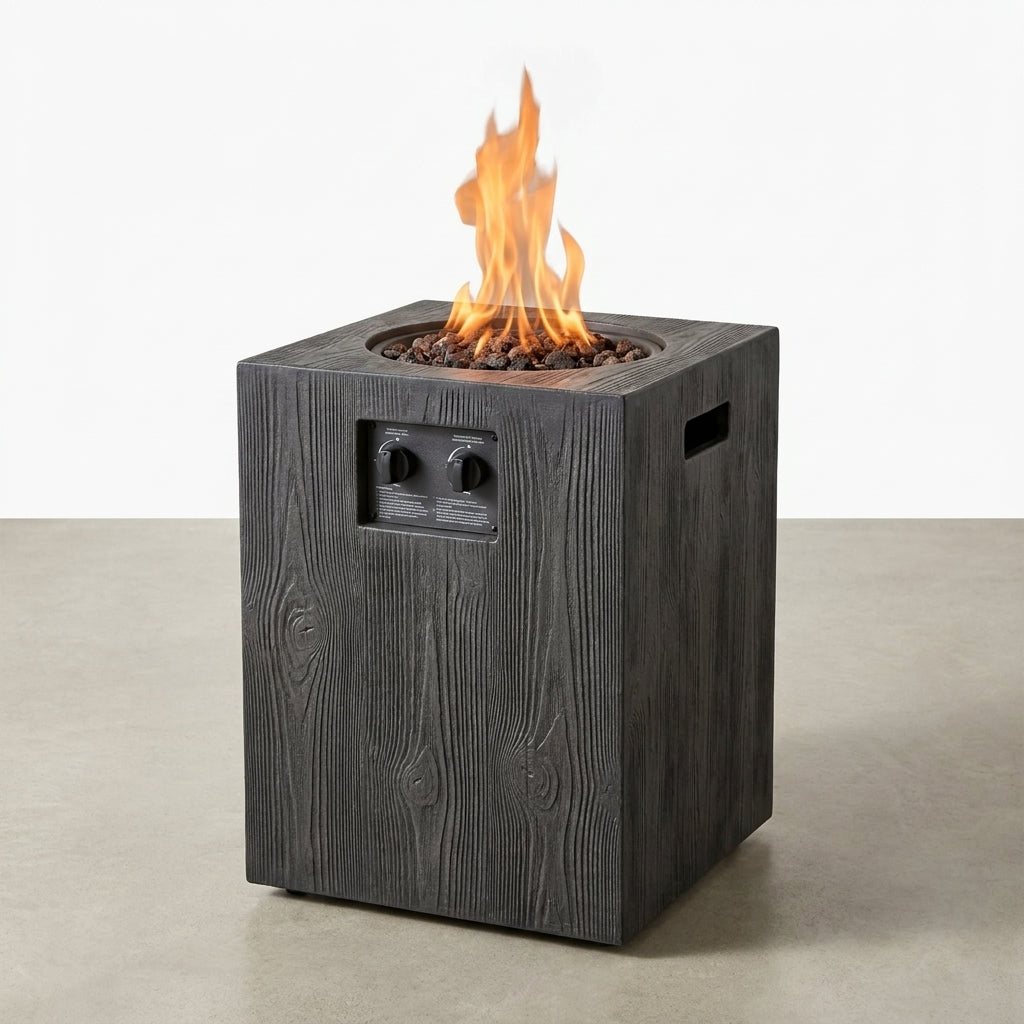 Outdoor Propane Fire Pit, 30000 BTU Column Propane Fire Pit, Wood-Look Surface — Studio Shot