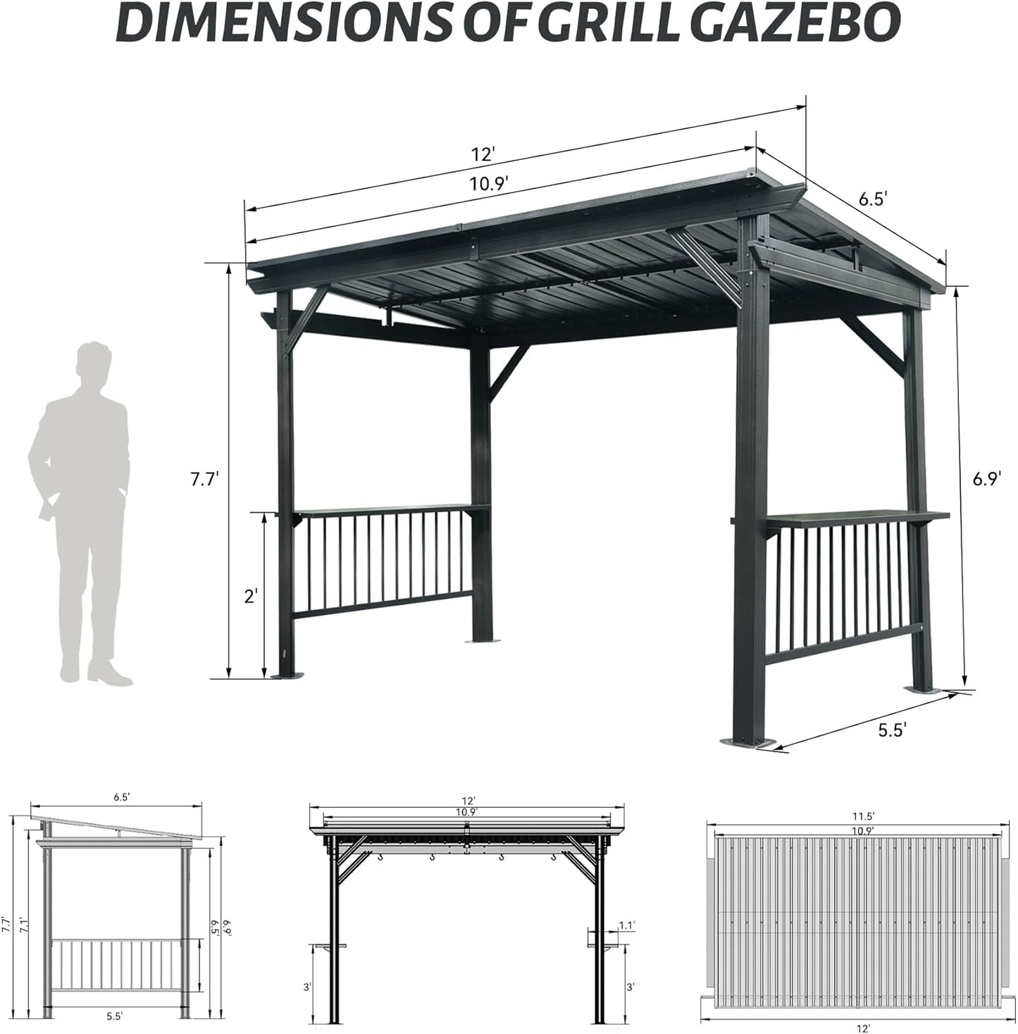 6.5x12FT Hardtop Grill Gazebo with Side Shelves