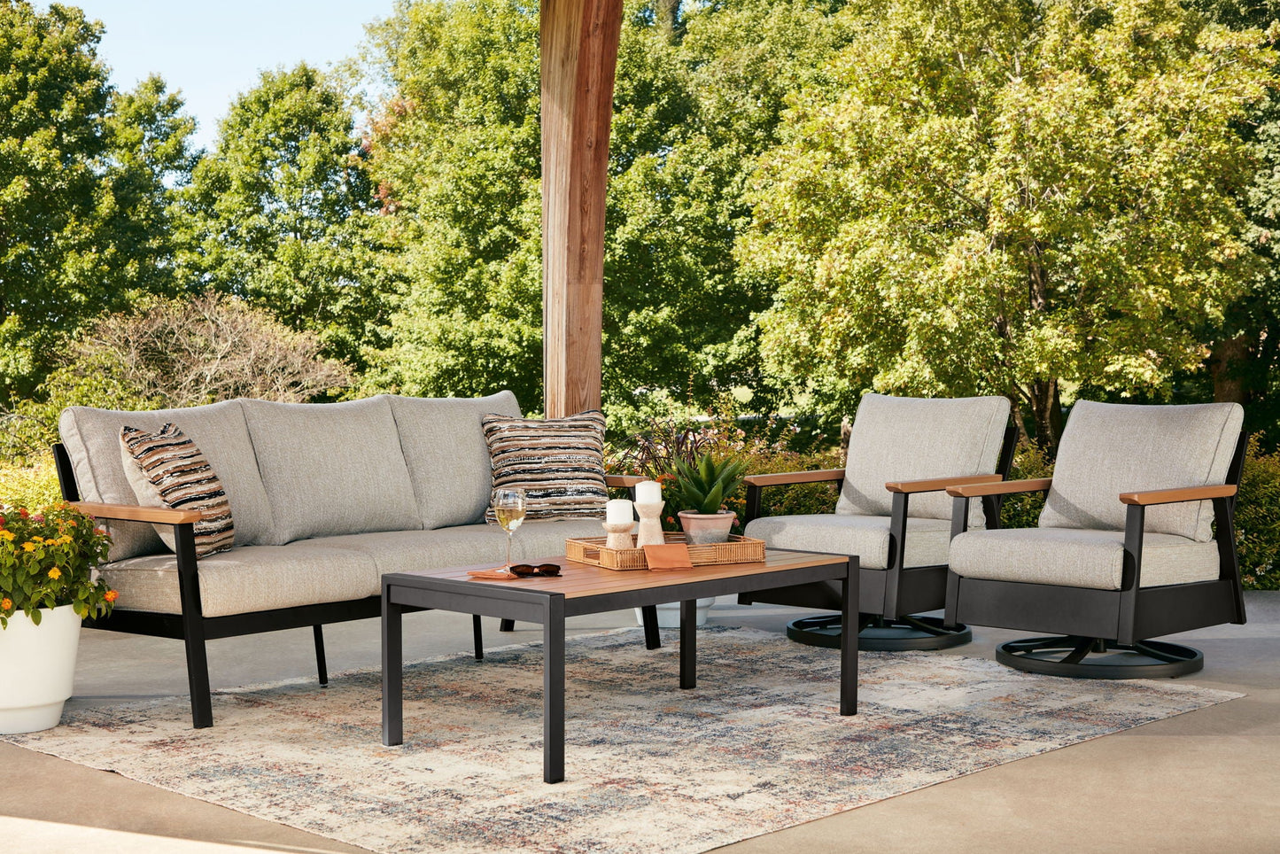 Sofa, Chairs, Table Set (Set of 4) - Dark Brown